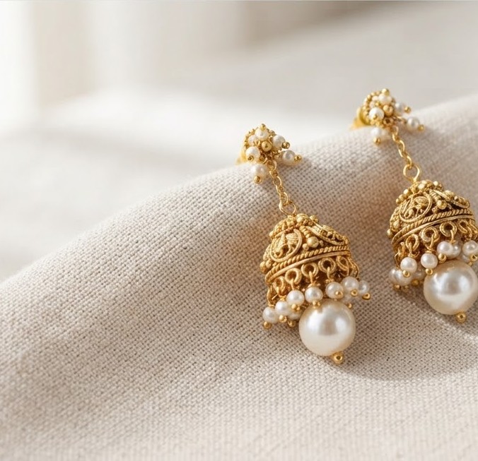 Pearl Drop Jhumkis — Gold filigree jhumkis with pearl drops